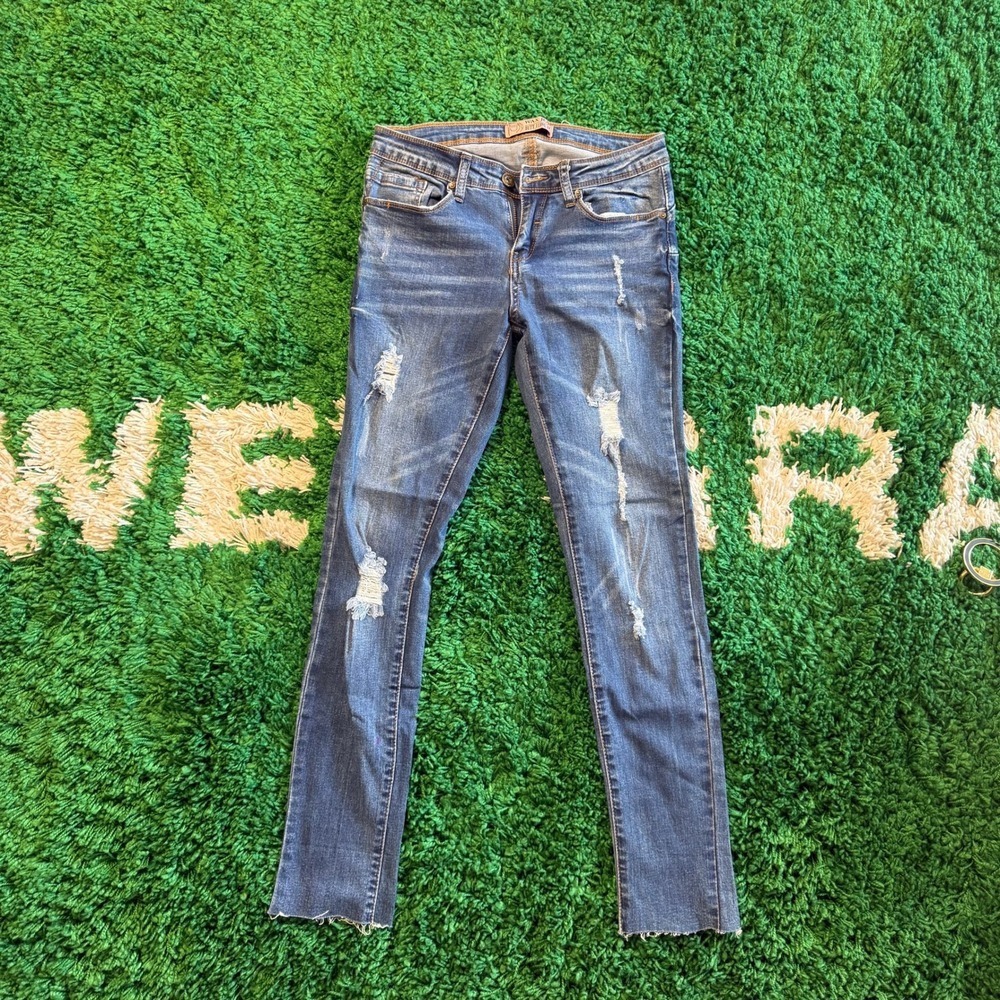 Wax Jean Butt I Love You Distressed Blue Denim Jeans Ripped Raw Hem Skinny‎